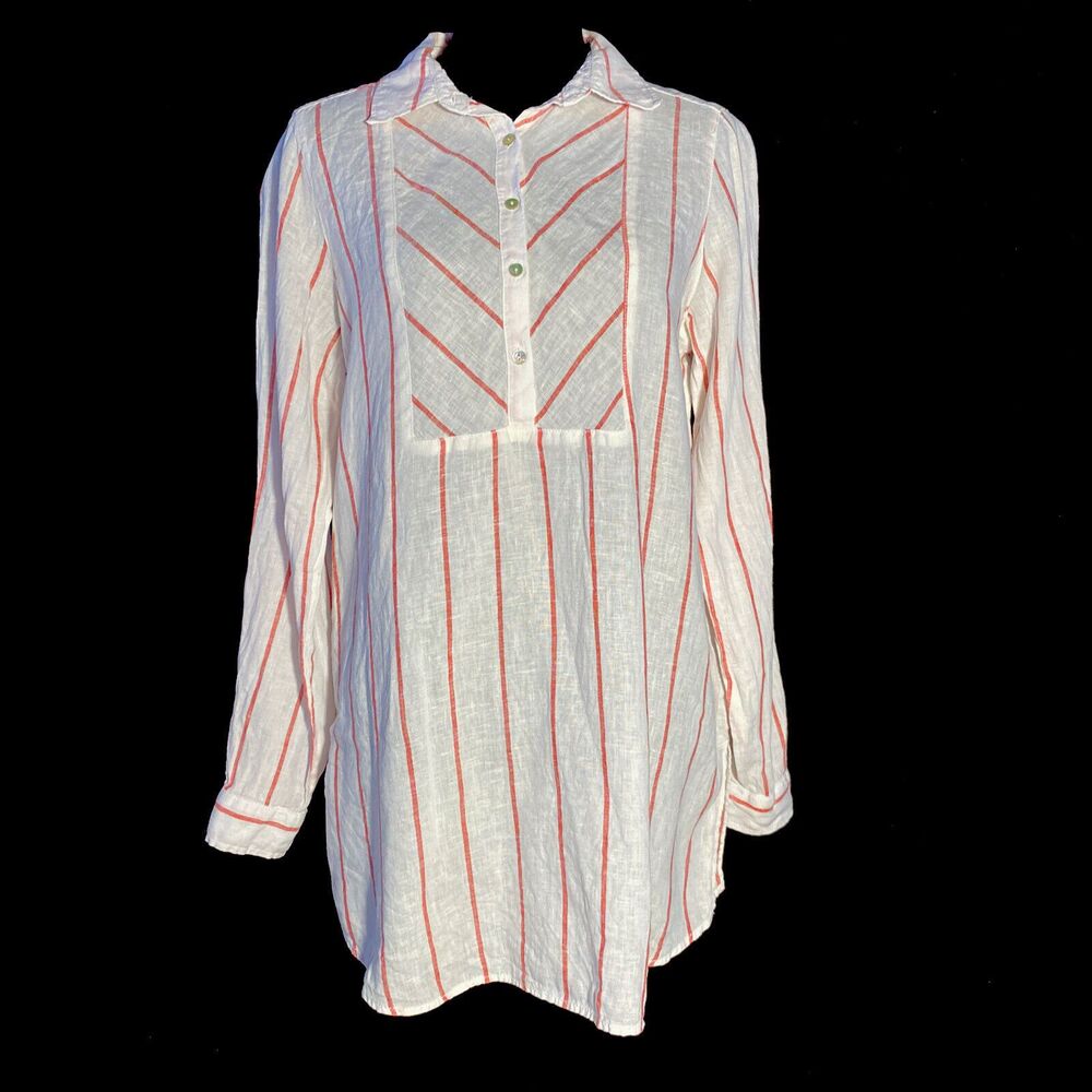 C&C California Shirt MED 100% Linen‎ White Red Stripe Button Yoke Long Sl Tunic